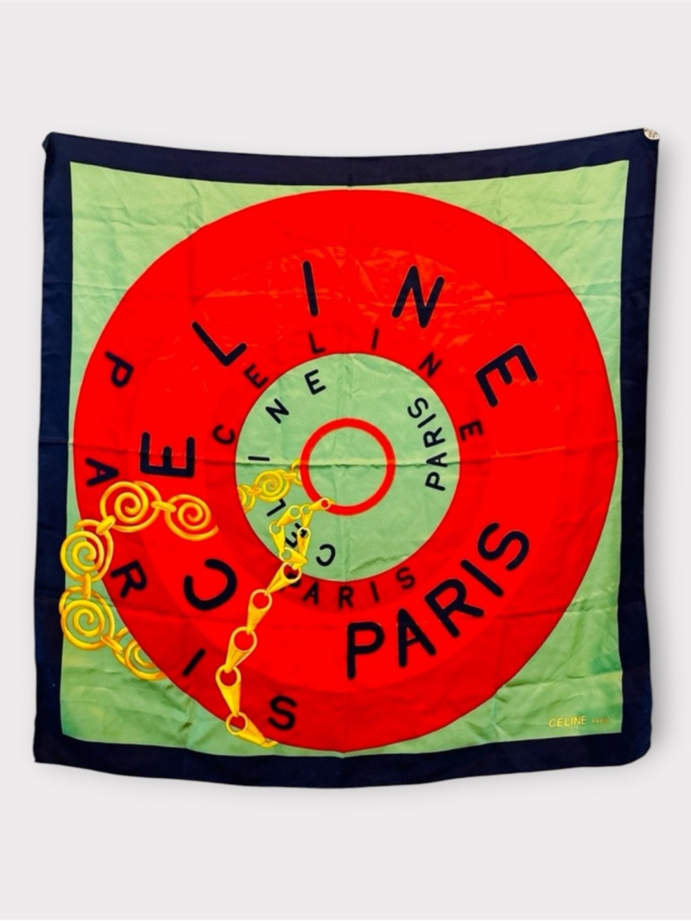 CELINE Paris 100% Silk Scarf – 34” Square – Bold Target Logo Print